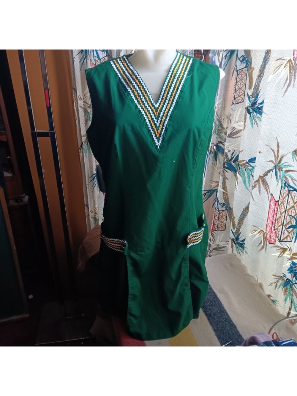 Vintage Green 1960's Romper 18 XL Sleeveless Rick Rack Trim Chore Pockets USA